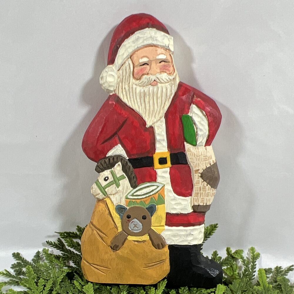 Vintage Hand-Painted Carved Wood Santa Claus Figurine w/ Toy Bag Folk Art 10”